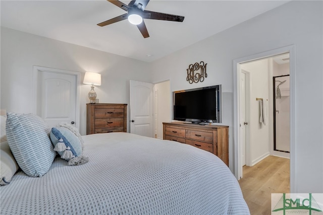 bedroom with ceiling fan and light wood-type flooring