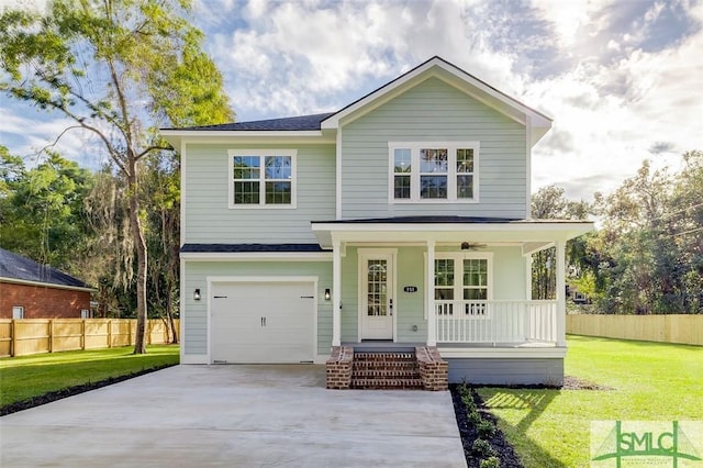 view of front of property featuring a front yard, a porch, a garage, fence, and driveway