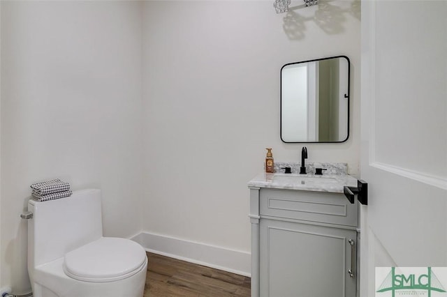 bathroom featuring toilet, vanity, and wood-type flooring