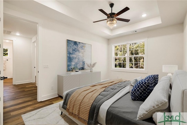 bedroom featuring a raised ceiling, ceiling fan, and dark hardwood / wood-style floors