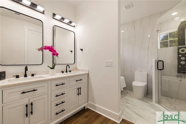 bathroom featuring vanity, toilet, and walk in shower