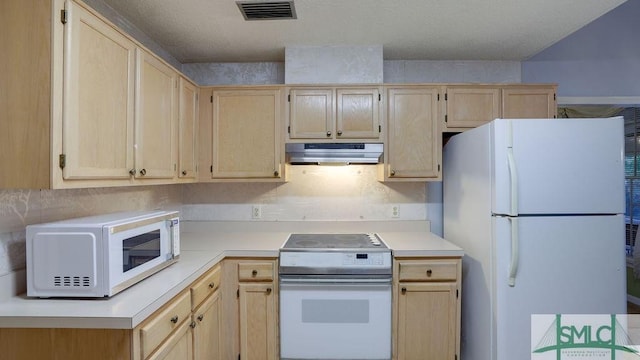 kitchen with light brown cabinetry and white appliances