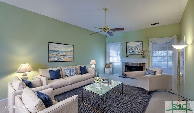 living room featuring ceiling fan