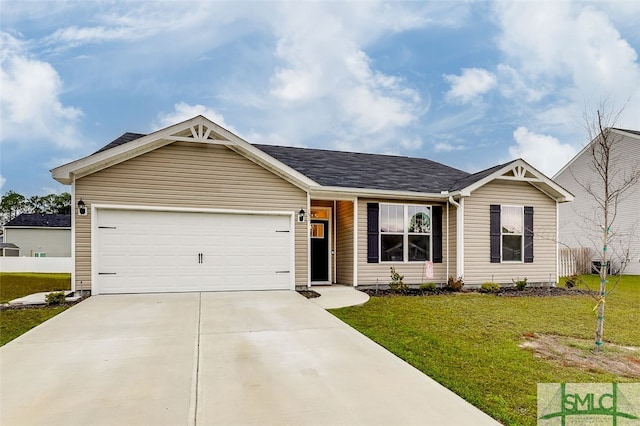 ranch-style house with a front yard and a garage