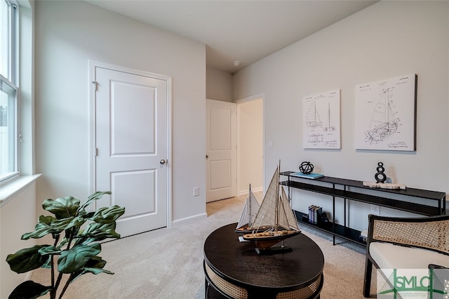 living area featuring light carpet and a wealth of natural light