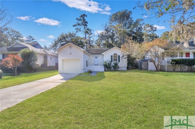 ranch-style house with a garage and a front lawn