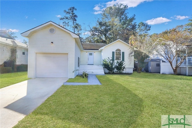 ranch-style home with a garage, a storage shed, and a front lawn