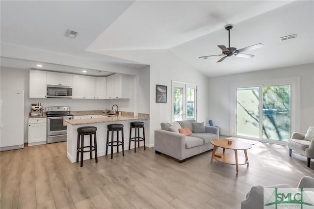 17 S Lake Dr, Savannah, GA 31410 - living room featuring light wood finished floors, lofted ceiling, a ceiling fan, and recessed lighting