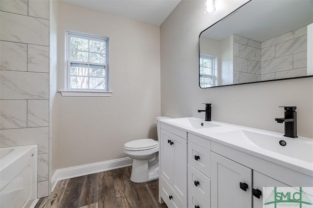 bathroom featuring hardwood / wood-style floors, vanity, and toilet