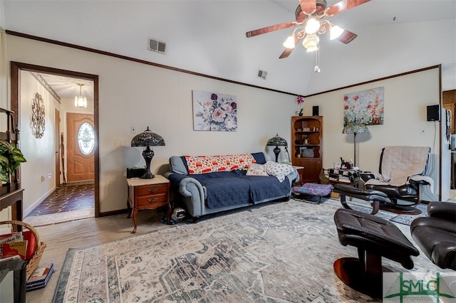 bedroom with ceiling fan, crown molding, and vaulted ceiling