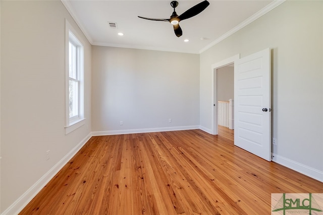 unfurnished bedroom with ceiling fan, ornamental molding, and light hardwood / wood-style flooring