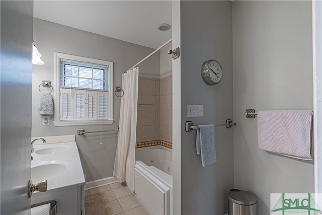 bathroom featuring vanity, tile patterned floors, and shower / bathtub combination with curtain