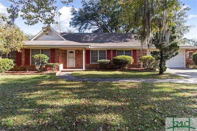 ranch-style house with a front yard and a garage