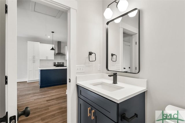 bathroom featuring decorative backsplash, vanity, and wood-type flooring