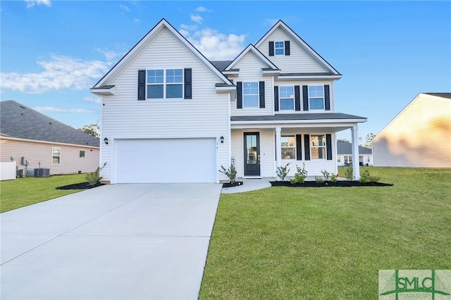 view of front of home featuring a porch, cooling unit, a garage, and a front yard