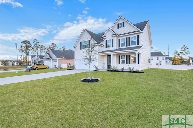 view of front of home with a porch, a front yard, and a garage