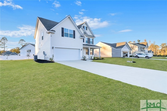 view of front facade with cooling unit, an attached garage, concrete driveway, and a front yard