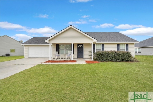 ranch-style house with a porch, cooling unit, a front yard, and a garage