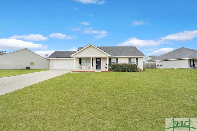 ranch-style house with a garage, covered porch, a front yard, and central AC