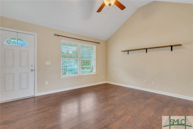 entrance foyer with dark hardwood / wood-style flooring, vaulted ceiling, plenty of natural light, and ceiling fan