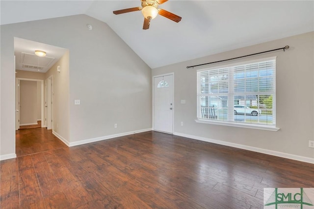 unfurnished living room featuring vaulted ceiling, ceiling fan, and dark wood-type flooring