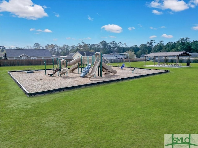 view of jungle gym with a yard