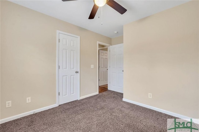 unfurnished bedroom with carpet and ceiling fan