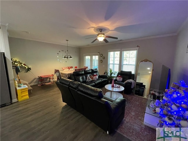 living room featuring ceiling fan, dark wood-type flooring, and ornamental molding