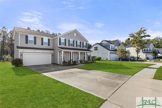 view of front of home featuring a porch, a garage, and a front lawn