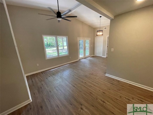 spare room featuring high vaulted ceiling, french doors, ceiling fan with notable chandelier, beam ceiling, and dark hardwood / wood-style flooring