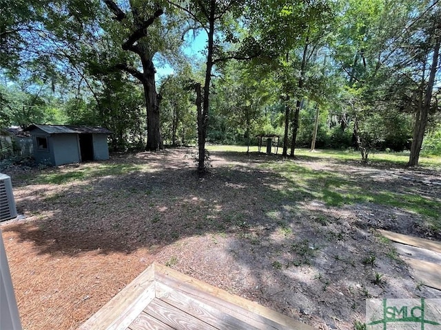 view of yard featuring central air condition unit and a storage unit