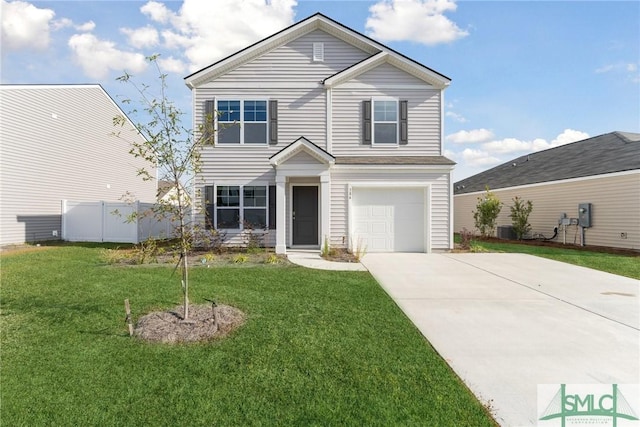 traditional-style house featuring driveway, a front lawn, an attached garage, and fence