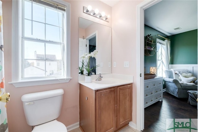 bathroom featuring wood-type flooring, vanity, and plenty of natural light