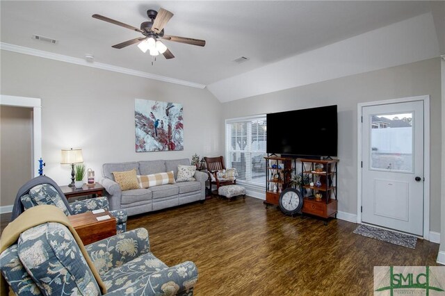 living room featuring ornamental molding, dark hardwood / wood-style floors, ceiling fan, and lofted ceiling