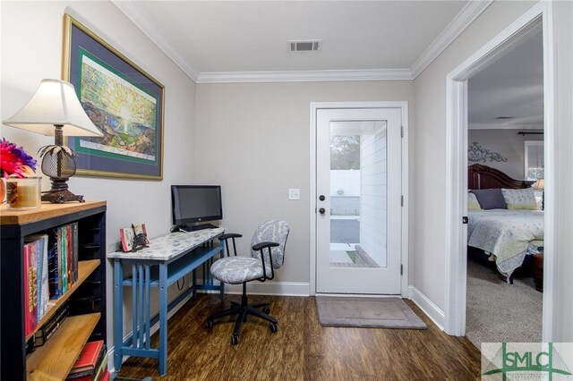 office area with dark hardwood / wood-style floors and crown molding