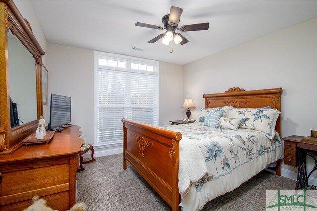 bedroom featuring carpet flooring and ceiling fan