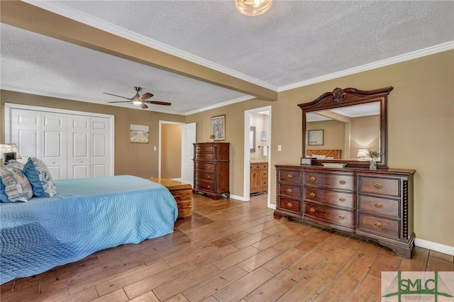 bedroom with connected bathroom, ceiling fan, light hardwood / wood-style flooring, a closet, and ornamental molding