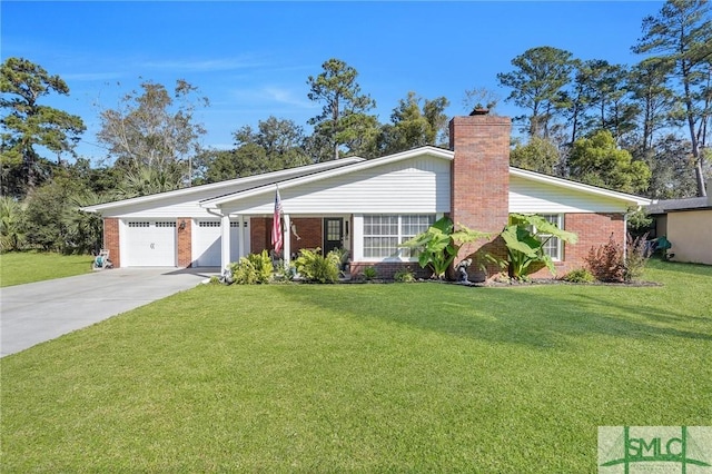 ranch-style home featuring a garage and a front lawn