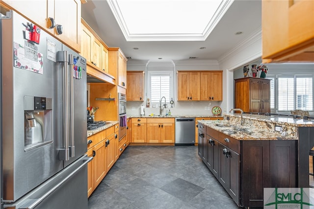 kitchen featuring light stone countertops, stainless steel appliances, plenty of natural light, and sink