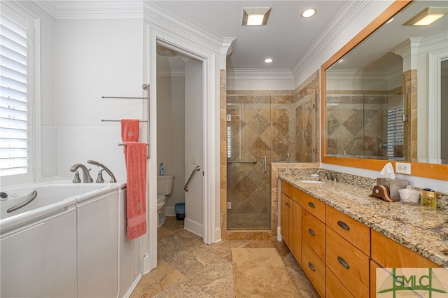 full bathroom featuring vanity, separate shower and tub, and crown molding