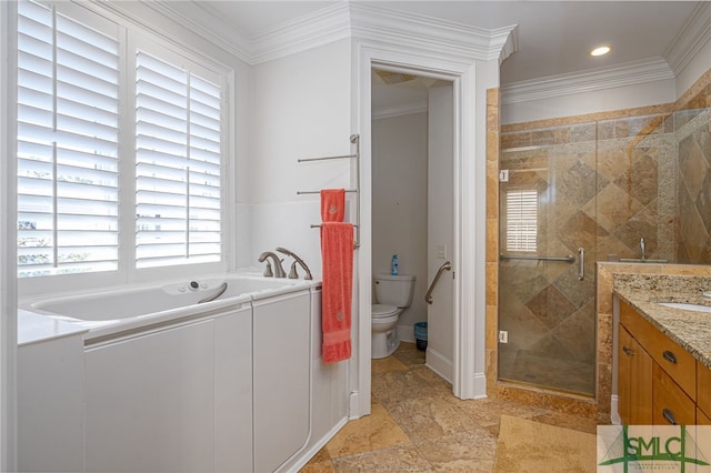 full bathroom with vanity, shower with separate bathtub, toilet, and crown molding