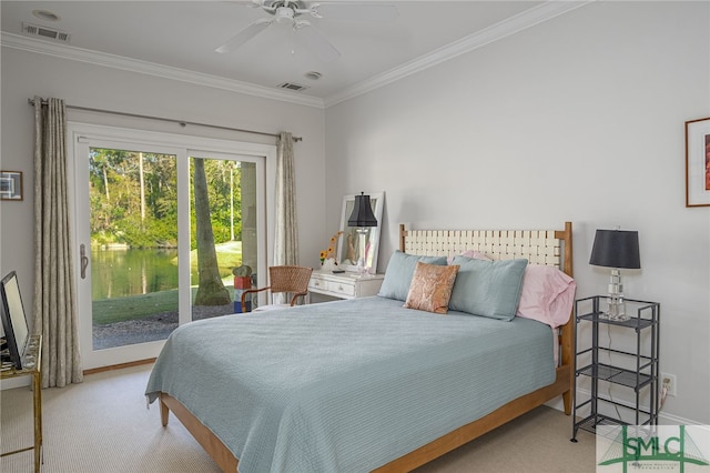 bedroom with access to exterior, ceiling fan, crown molding, and light carpet