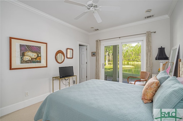 carpeted bedroom featuring access to exterior, ceiling fan, and ornamental molding