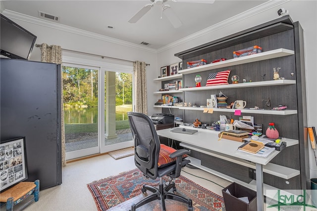 office featuring ceiling fan, light colored carpet, and ornamental molding