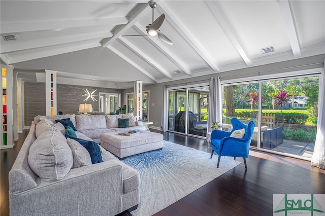 sunroom featuring lofted ceiling with beams and ceiling fan