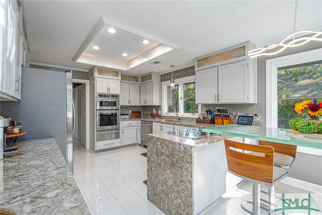 kitchen with stainless steel appliances, hanging light fixtures, a raised ceiling, kitchen peninsula, and white cabinets