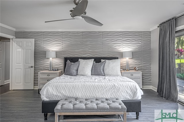 bedroom with ceiling fan, crown molding, and dark hardwood / wood-style floors