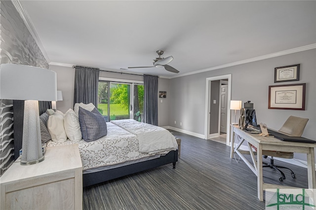 bedroom featuring ceiling fan, access to exterior, crown molding, and dark wood-type flooring