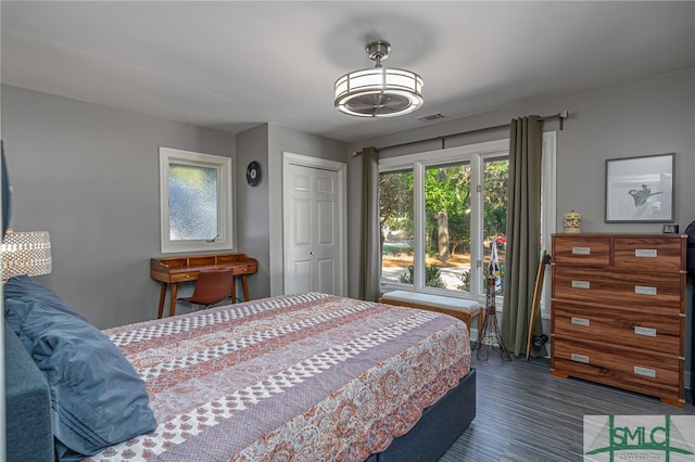 bedroom featuring a closet and dark wood-type flooring