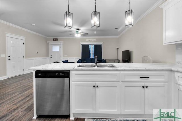 kitchen with stainless steel dishwasher, ceiling fan, white cabinetry, and sink